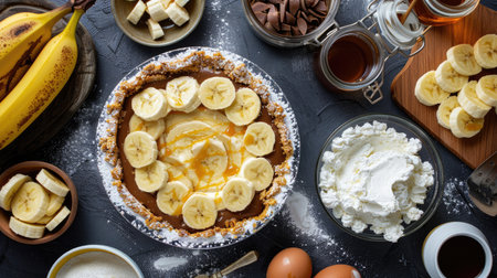 A Banoffee Pie in the making, with ingredients like bananas, caramel, and whipped cream laid out around itの素材