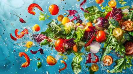 Colorful vegetable salad ingredients cascading gracefully against a vibrant blue backdrop, evoking freshness and culinary delightの素材