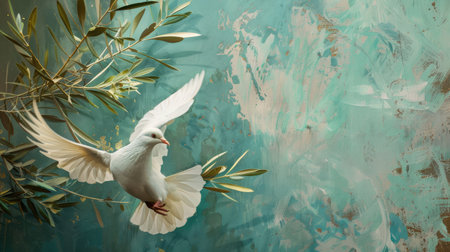 Tranquil and serene, a white dove of peace soars with a green olive branch, embodying the timeless ideal of global harmonyの素材