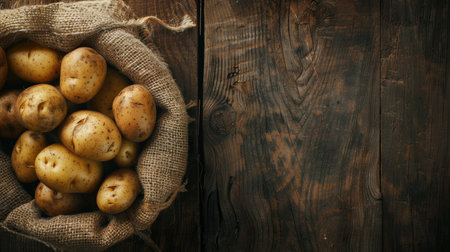 Freshly harvested potatoes displayed in a traditional burlap sack on a rustic wooden background, creating a picturesque scene for communicating your message.の素材