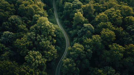 Aerial view of a winding road through a forest with space for textの素材