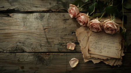 Love's history: Roses and aged love letters on a wooden surface, capturing the essence of romance from a bygone eraの素材