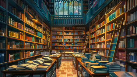 A library scene with books meticulously organized on shelves, inviting exploration and discovery in a peaceful settingの素材