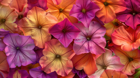 Stunning close-up of Petunia Wave Sweetheart flowers, highlighting their bold colors and captivating charm in full bloomの素材