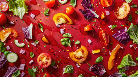 Colorful vegetable salad components floating against a deep red background, enticing with their vivid hues and wholesome goodnessの素材