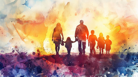 Family journey: Silhouette of parents and children walking away, depicted in an abstract watercolor illustration, symbolizing unity and adventureの素材