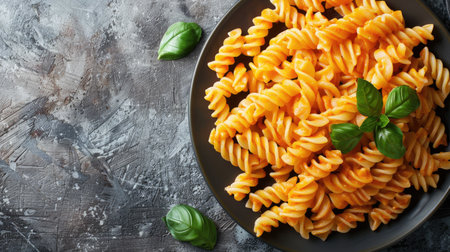 Delicious pasta on a plate with space for textの素材