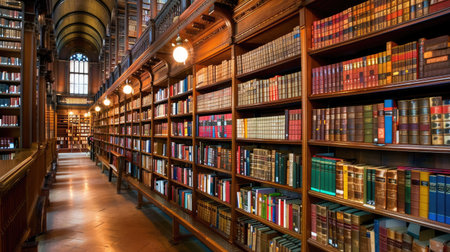 Organized bookshelves in a library, presenting a harmonious display of knowledge and learning in a serene environmentの素材
