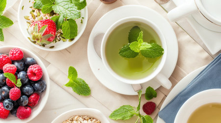 Healthy breakfast spread with oatmeal, mixed berries, and a side of green tea, promoting a balanced dietの素材