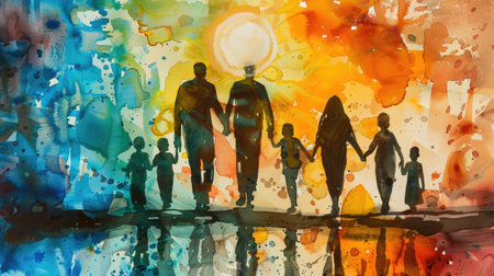 Artistic unity: Abstract watercolor scene with the silhouettes of parents and children walking away, evoking a sense of family and connectionの素材