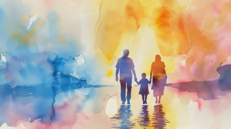 Watercolor walk: Silhouetted family walking away in an abstract watercolor illustration, symbolizing the journey of life and familial loveの素材