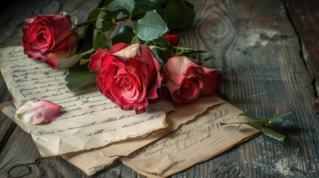 Love's history: Roses and aged love letters on a wooden surface, capturing the essence of romance from a bygone eraの素材