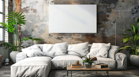 Cozy living room with a blank canvas on the wallの素材