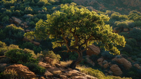 Contrasting elements of green foliage and arid terrain converge around a resilient tree, illustrating climate diversityの素材
