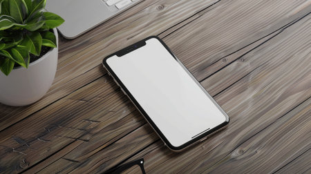Modern smartphone with a blank screen on a wooden deskの素材