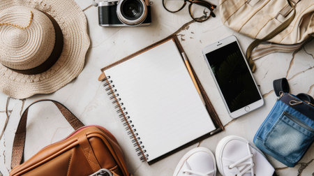 Flat lay of travel accessories with a blank notebookの素材
