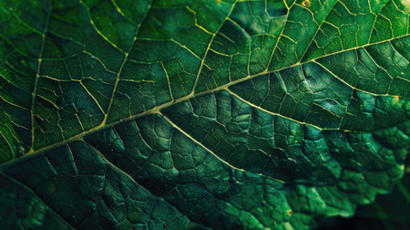 Close-up of a leaf's surface, highlighting the rich green texture and intricate vein structure, ideal for a nature-inspired backgroundの素材