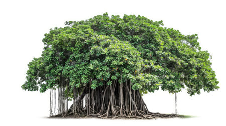 Impressive banyan tree with lush foliage and aerial roots, perfectly isolated on a white background.の素材
