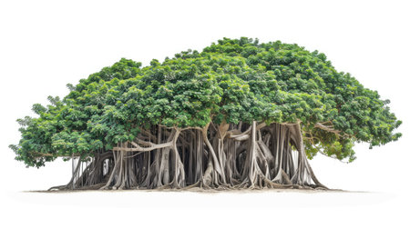 Graceful banyan tree with prominent aerial roots forming intricate patterns, isolated on a white background.の素材