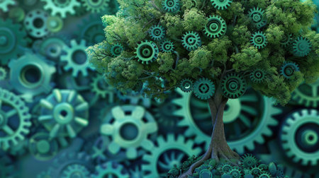 Interconnected gears evolving into a growing tree, symbolizing technological advancement and environmental health.の素材