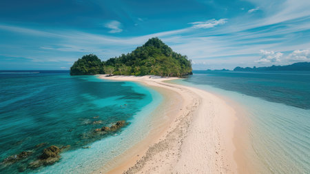 Picturesque tropical island with a white sand beach stretching into the distance, framed by a tranquil blue sea and clear skies.の素材