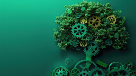 Interconnected gears evolving into a growing tree, symbolizing technological advancement and environmental health.の素材