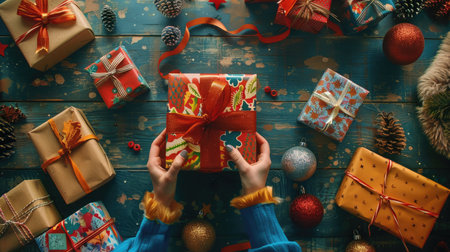 Hands of a woman wrapping Christmas gifts with colorful paper and ribbons, surrounded by unprepared presents and seasonal decor items, embodying the spirit of DIY packing for Christmas or New Yearの素材