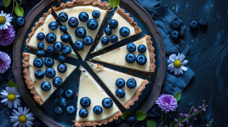 A top-down view of blueberry cheesecake slices arranged on a platter, surrounded by fresh blueberries and flowers.の素材