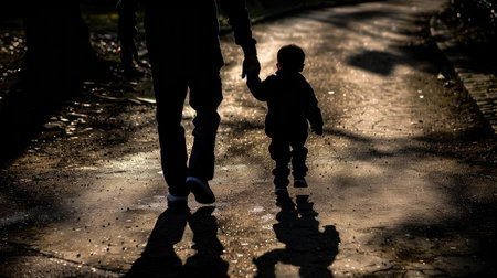 Silhouette of father and son walking hand in hand, their shadows stretching along the path of life's journeyの素材