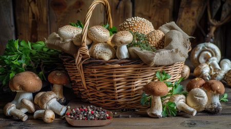 Beautifully curated selection of porcini mushrooms, sesame mushrooms, and aromatic herbs and spices presented in an artistic display within a rustic basket on a wooden tabletop.の素材