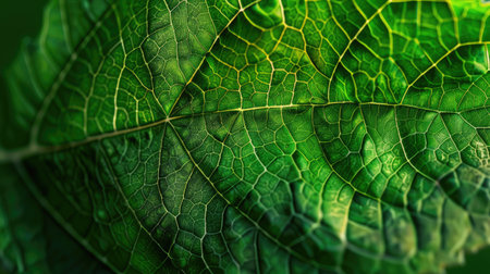 Macro view of a green leaf surface, revealing the intricate texture and vibrant veins, ideal for a fresh, nature-themed backgroundの素材