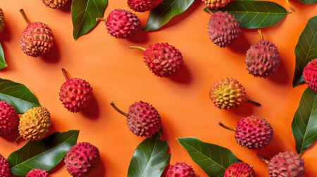 Fresh lychee fruits and leaves arranged on a rich orange background, capturing the vibrant colors and flavors of the tropicsの素材