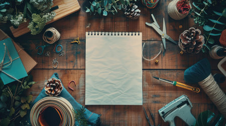 Top view of a craft table with a blank notepadの素材