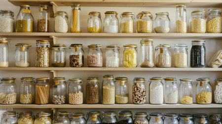 Neat pantry: Shelves filled with glass jars holding dry foods, including pasta, grains, and legumes, displaying an orderly kitchen storage systemの素材