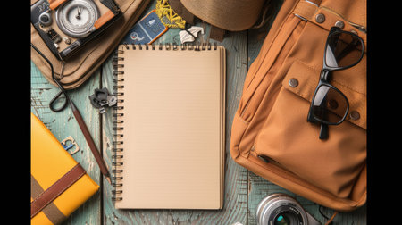 Flat lay of travel accessories with a blank notebookの素材