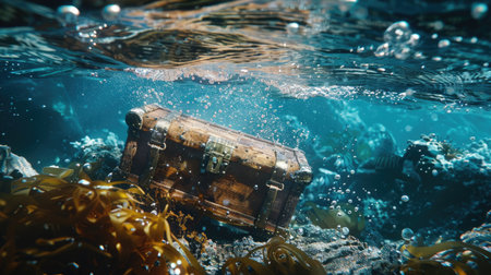 A treasure chest under water, surrounded by seaweed and bubbles, with space for text above the water surface.の素材