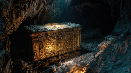 An ornate treasure chest in a dark cave, illuminated by torchlight, with space for text in the shadows.の素材