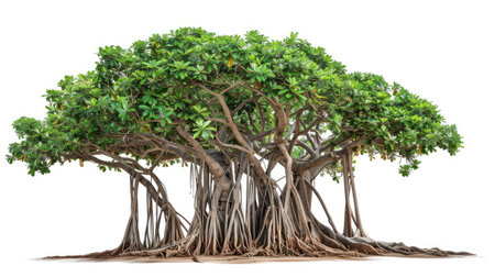 Banyan tree with its iconic aerial roots, creating an enchanting and detailed image on a white background.の素材