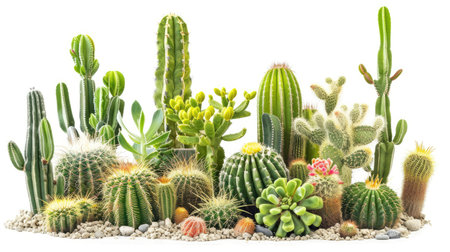 Cactus garden with various species arranged on a white background, emphasizing their diverse forms.の素材