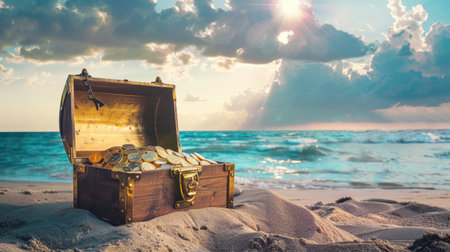 An open treasure chest filled with gold coins and jewels, placed on a sandy beach with space for text in the sky.の素材