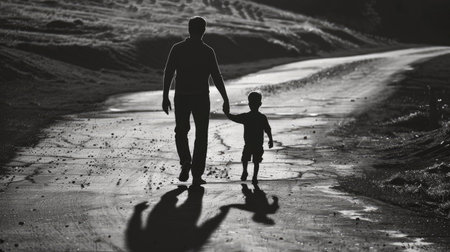 Silhouette of father and son walking hand in hand, their shadows stretching along the path of life's journeyの素材