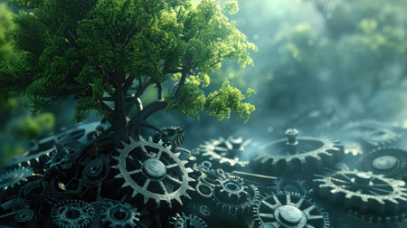 Dynamic gears in motion, culminating in the growth of a lush tree, merging industry with natureの素材