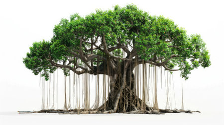 Charming and majestic banyan tree with hanging aerial roots, beautifully displayed on a white backgroundの素材