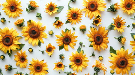 Multiple sunflowers arranged on a white background, creating a sunny and uplifting scene.の素材
