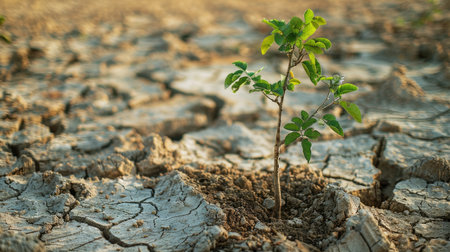 Young tree thriving in dry, cracked earth with animal bones nearby, showcasing nature's determinationの素材