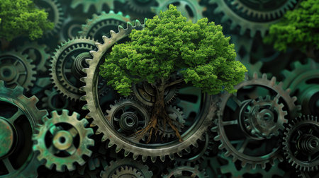 Gears spinning and gradually forming a green tree, highlighting the synergy between machinery and nature.の素材