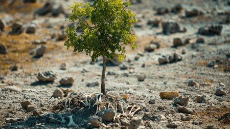 A vibrant young tree in arid soil with animal bones scattered, representing life emerging from desolation.の素材