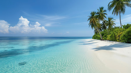 Scenic view of a tropical island's white sand beach stretching into the distance, under a bright, cloudless sky.の素材