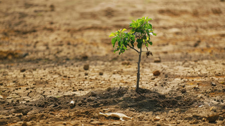 A lone young tree growing in parched soil with animal bones scattered, emphasizing nature's perseverance.の素材