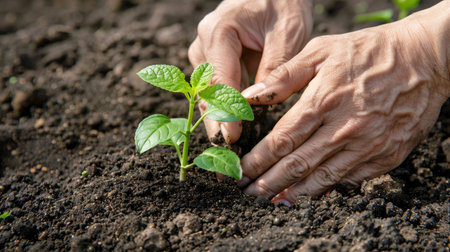 Hands carefully planting a seedling in the soil, a meaningful gesture for protecting and supporting the environment.の素材
